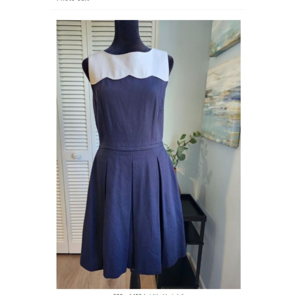 Tahari ASL size 8 Navy Blue Nautical Fit & Flare Pleated Tweed Dress Sailor